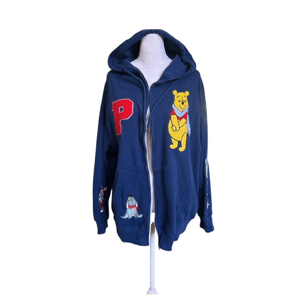 Disney Winnie the Pooh Navy Blue Full Zip Hoodie Character Embroidery XXL